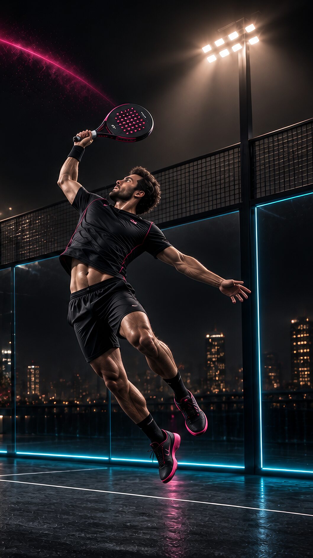 A player leaps for a smash under the floodlights while PadX traces the ball's path in pink