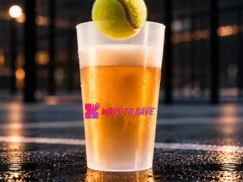 A cold drink in a Wave to Save cup with a padel ball resting on top, on a court at night